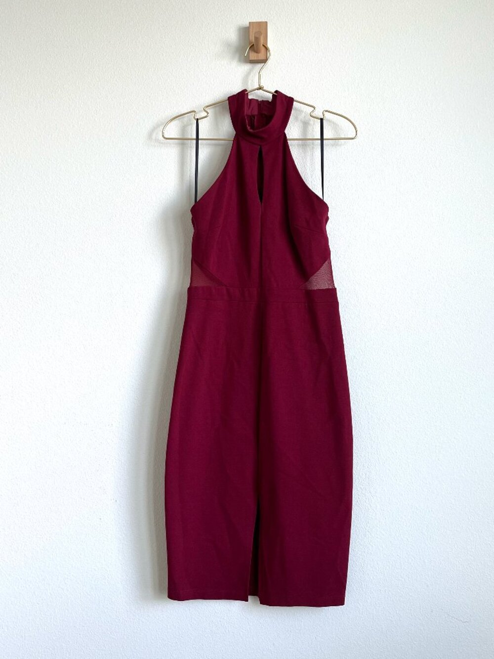 B. Smart Cranberry Halter Neck Midi Dress - Sheer Cut Out Bodycon - Size 4